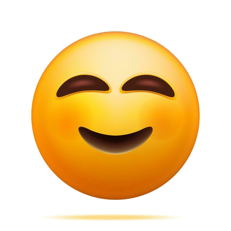 3D Yellow Happy Emoticon Blushing with Smiling Eyes Isolated. Render Slightly Smiling Emoji. Happy Face Simple. Communication, Web, Social Network Media, App Button. Realistic Vector Illustration