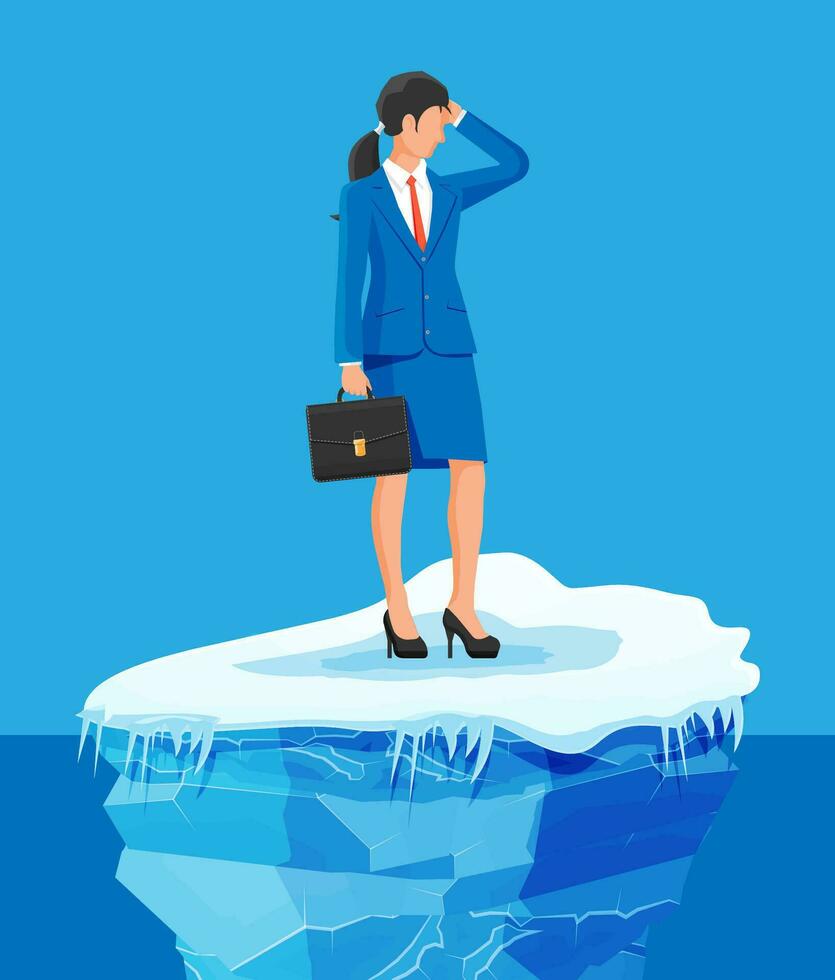 Desperate businesswoman floats on iceberg. Obstacle on work, financial crisis. Risk management, business challenge, motivation. Flat vector illustration