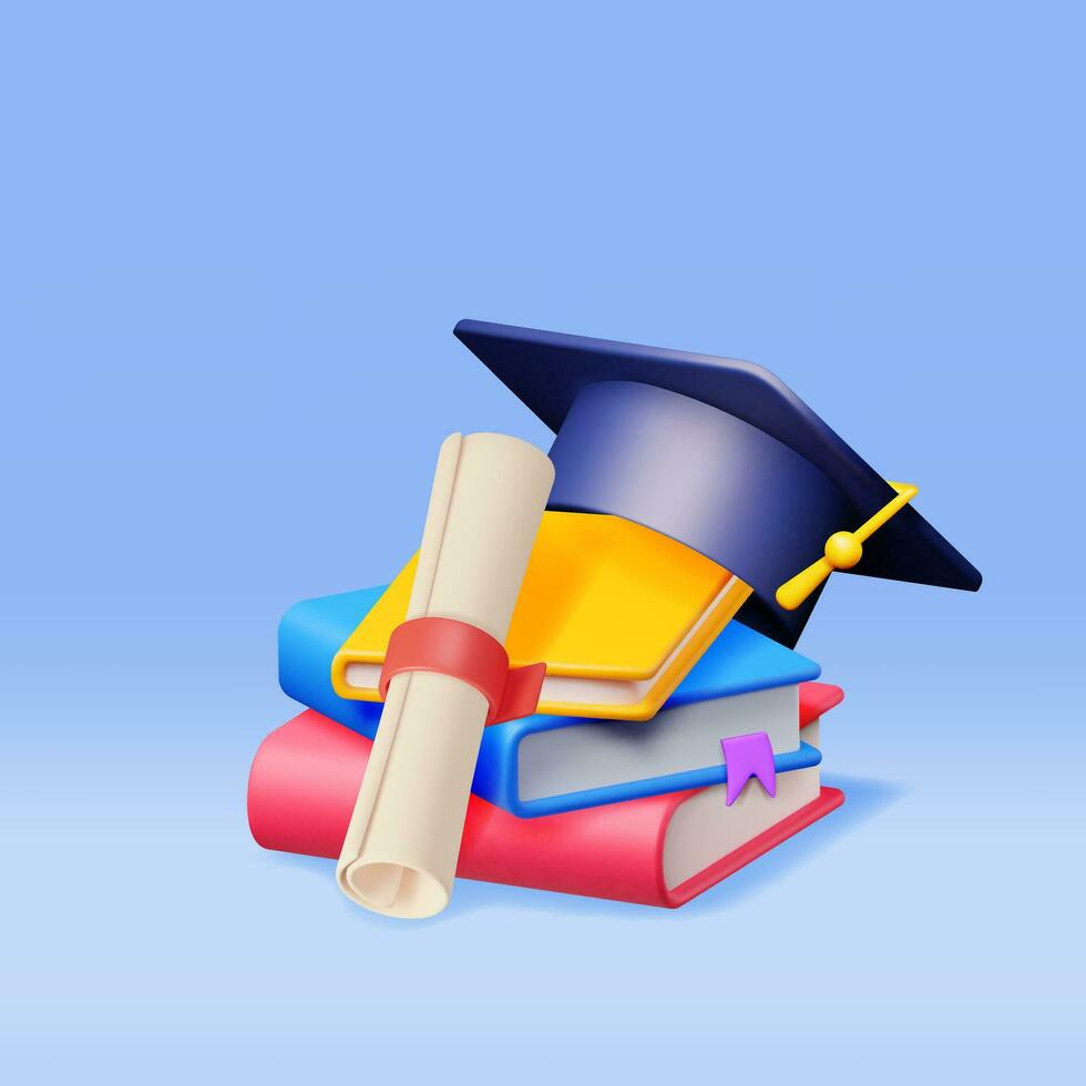3D Graduation Cap with Diploma and Pile of Books Isolated. Render Graduation Hat and Textbook. Education Symbol. Mortarboard Hat with Tassel. Education, Degree Ceremony Concept. Vector Illustration