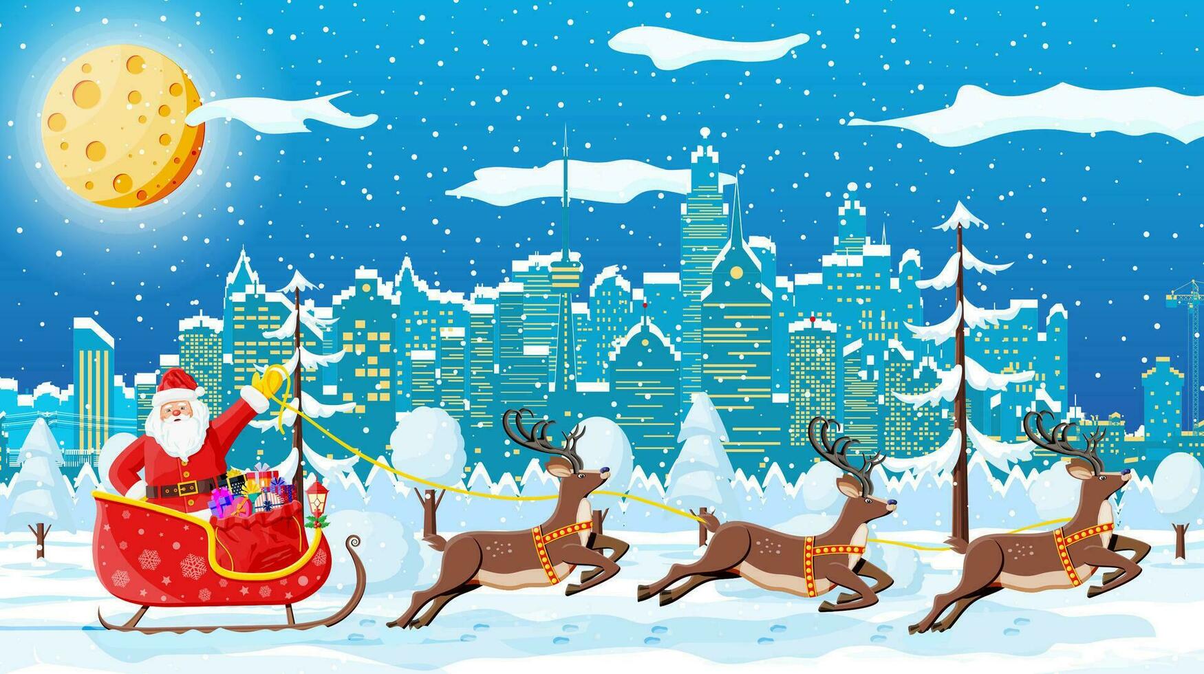 Santa claus rides reindeer sleigh. Christmas winter cityscape, snowflakes and trees. Happy new year decoration. Merry christmas holiday. New year and xmas celebration. Vector illustration flat style