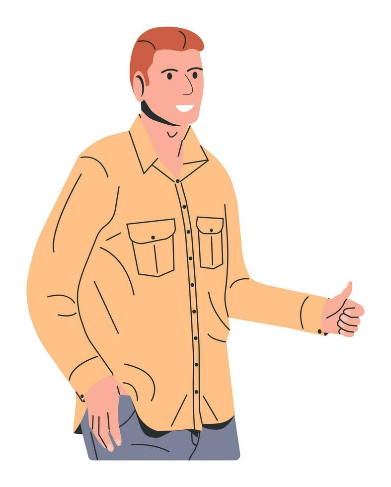 elegante hombre demostración pulgares arriba signo. de moda joven hombre gesticulando firmar pulgar arriba. sonriente masculino en casual atuendo de pie. como, bien, positivo gesto con mano. dibujos animados plano vector ilustración