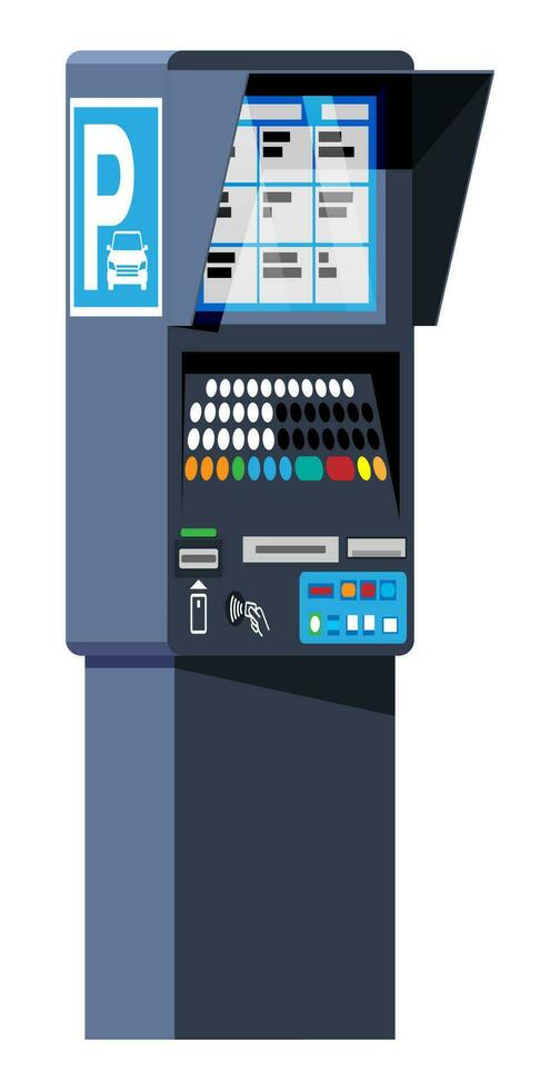 Parking Meter Isolated on White. Ticket Machine Icon. Modern Meters for Parking Lot. Authorized Machine. Self Service Parking Pay. Electronic Payment Terminal. Cartoon Flat Vector Illustration