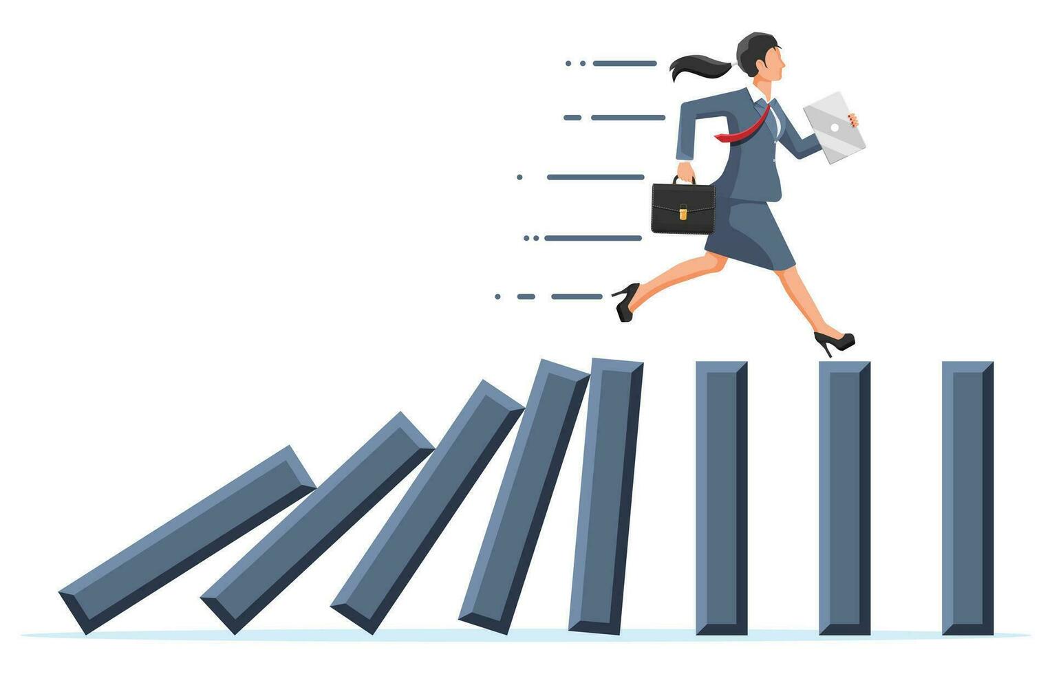 Businesswoman running away from falling domino. Domino chain reaction effect in business. Crisis management, finance intervention, tax, debt, fee and bankruptcy. Vector illustration in flat style