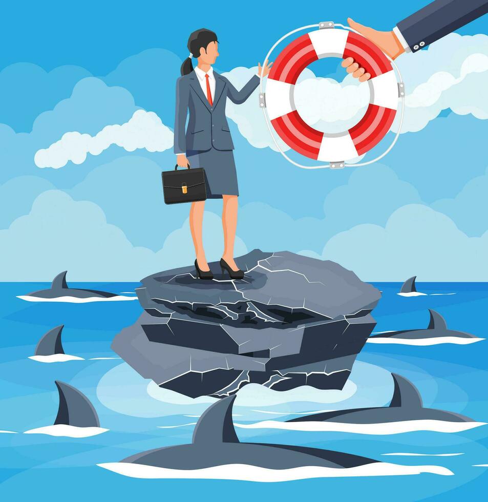 mujer de negocios en minúsculo isla en mar rodeado por tiburones consiguiendo boya salvavidas. Ayudar negocio a sobrevivir. ayuda, apoyo, supervivencia, inversión, obstáculo crisis. riesgo gestión. plano vector ilustración