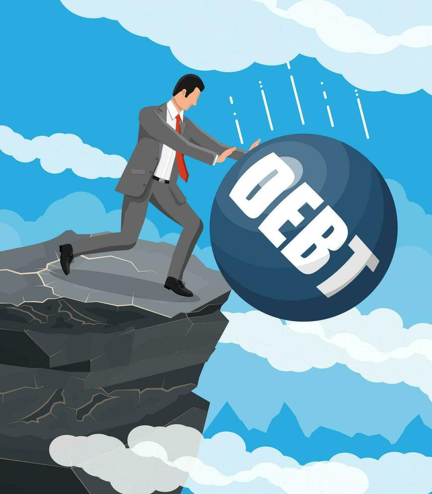 Businessman pushing debt weight out of mountain. Big heavy debt weight budren and business man in suit. Tax burden, financial crime, fee, crisis and bankruptcy. Vector illustration in flat style
