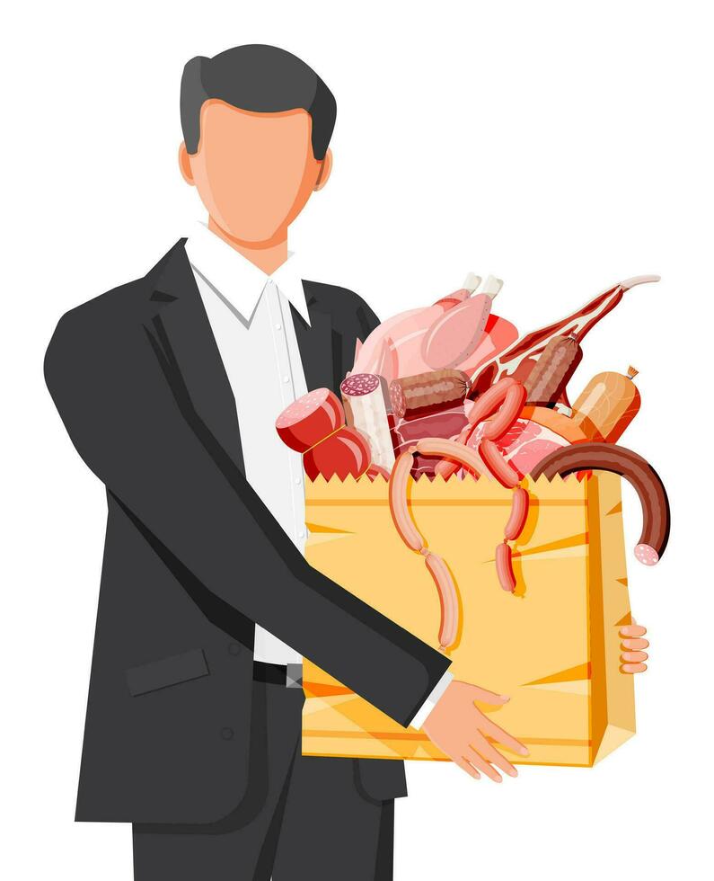 Man with shopping supermarket bag full of meat. Chop, sausages, bacon, ham. Marbled meat beef. Butcher shop, steakhouse, farm organic products. Grocery food. Pork fresh steak. Flat vector illustration