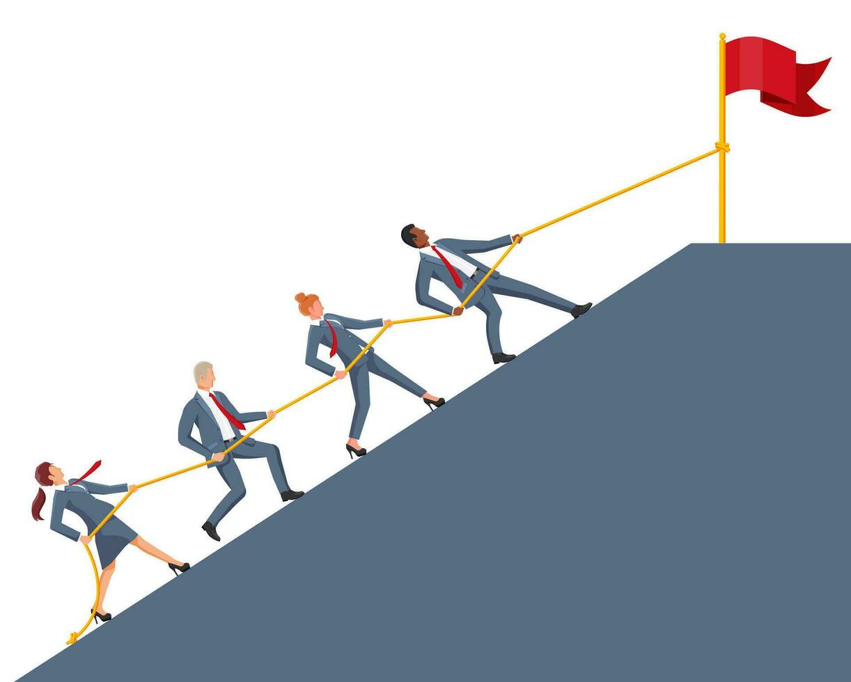Group of Business People Climbing on Mountain Peak. Symbol of Team Work, Victory, Successful Mission, Goal and Achievement. Trials and Testing. Win, Business Success. Flat Vector Illustration