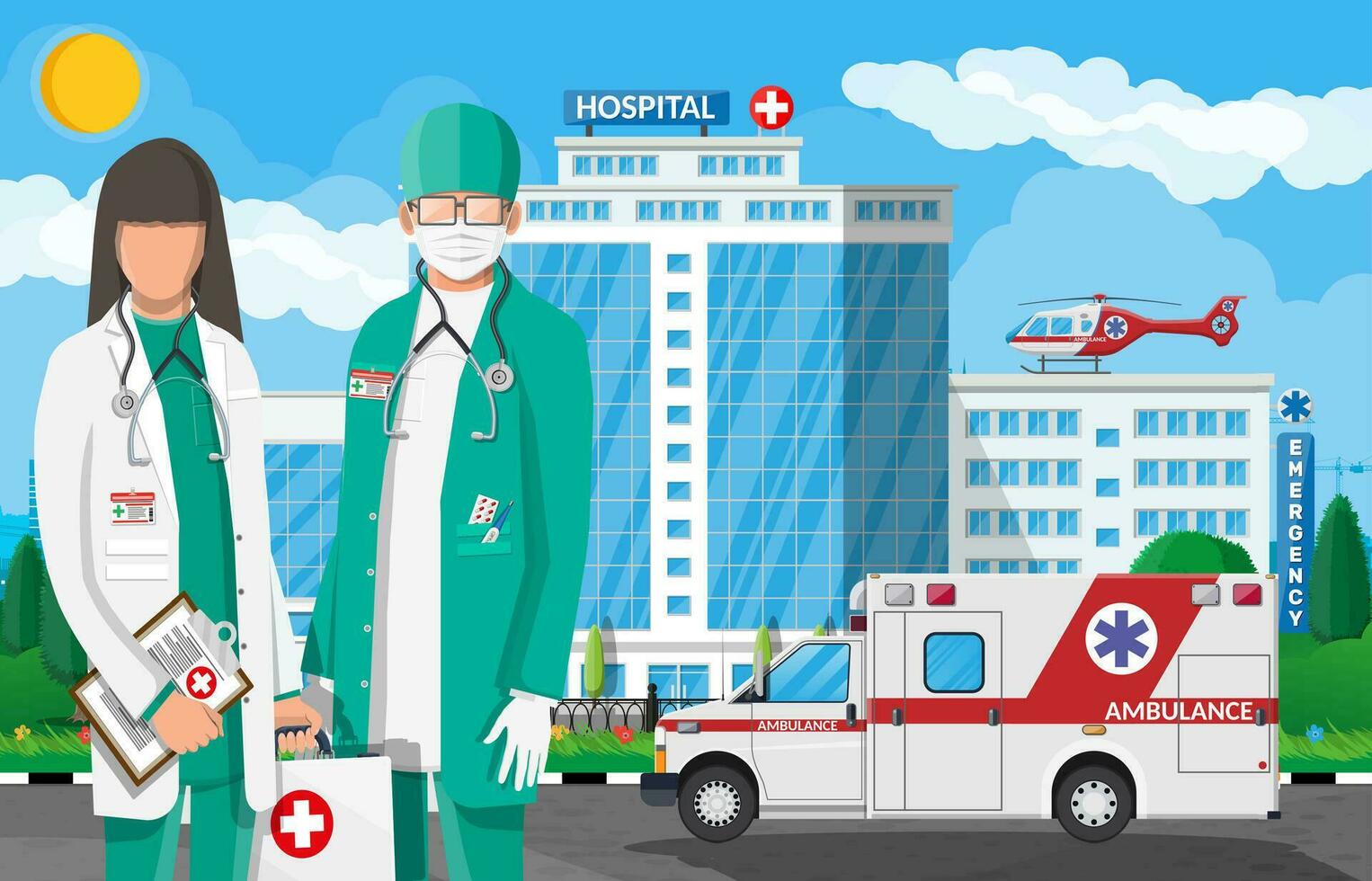 Ambulance staff concept. Hospital building, medical icon. Healthcare, hospital and medical diagnostics. Urgency and emergency services. Road, sky, tree. Car and helicopter. Flat vector illustration