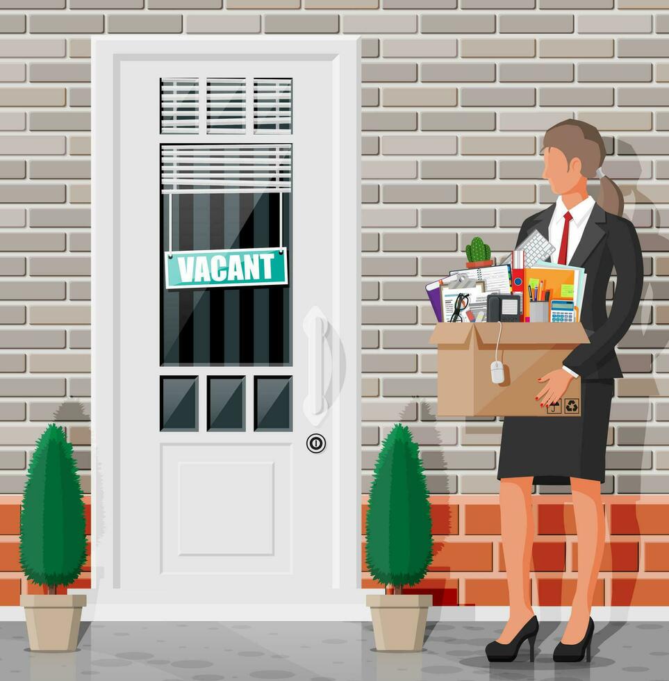 Street door with vacancy sign. Employee with box full of office goods. Hiring and recruiting. Human resources management, searching professional staff, work, resume. Flat vector illustration