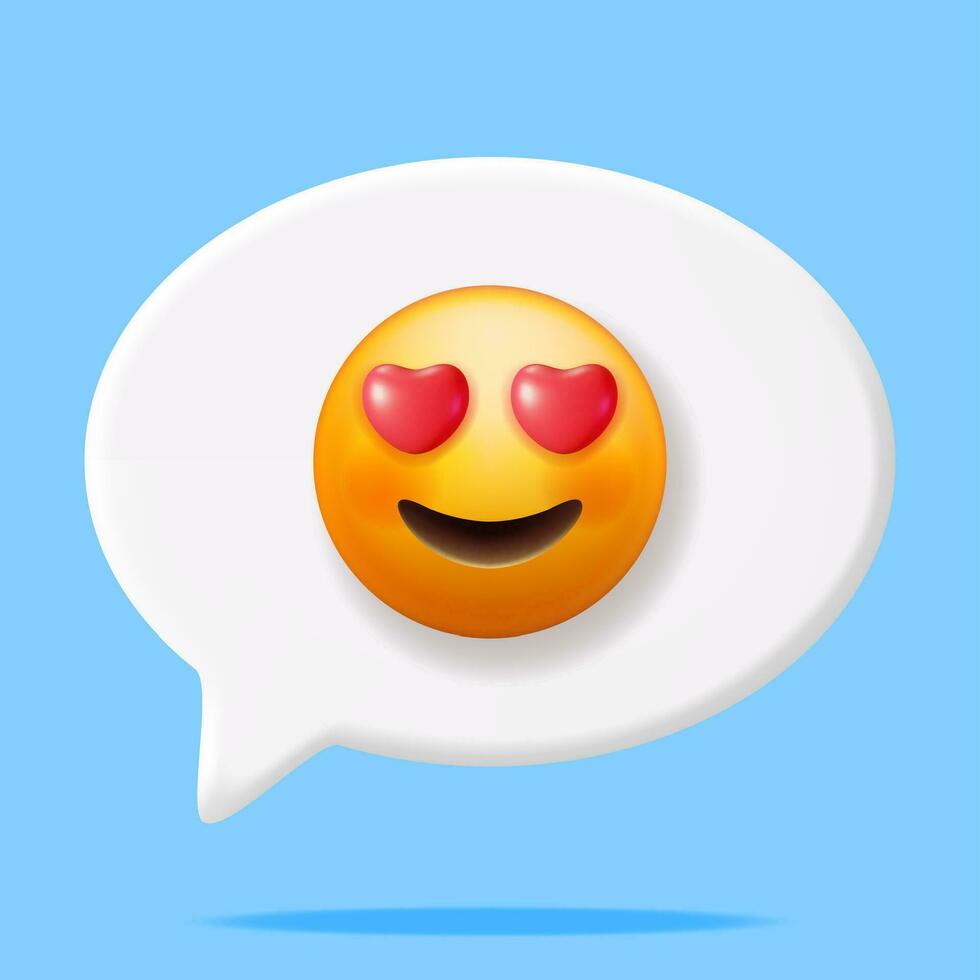 3D Yellow Happy Emoticon with Heart Shaped Eyes in Speech Bubble. Render Heart-Eyes and Open Smile Emoji. Happy Face Simple. Web, Social Network Media, App Button. Realistic Vector Illustration
