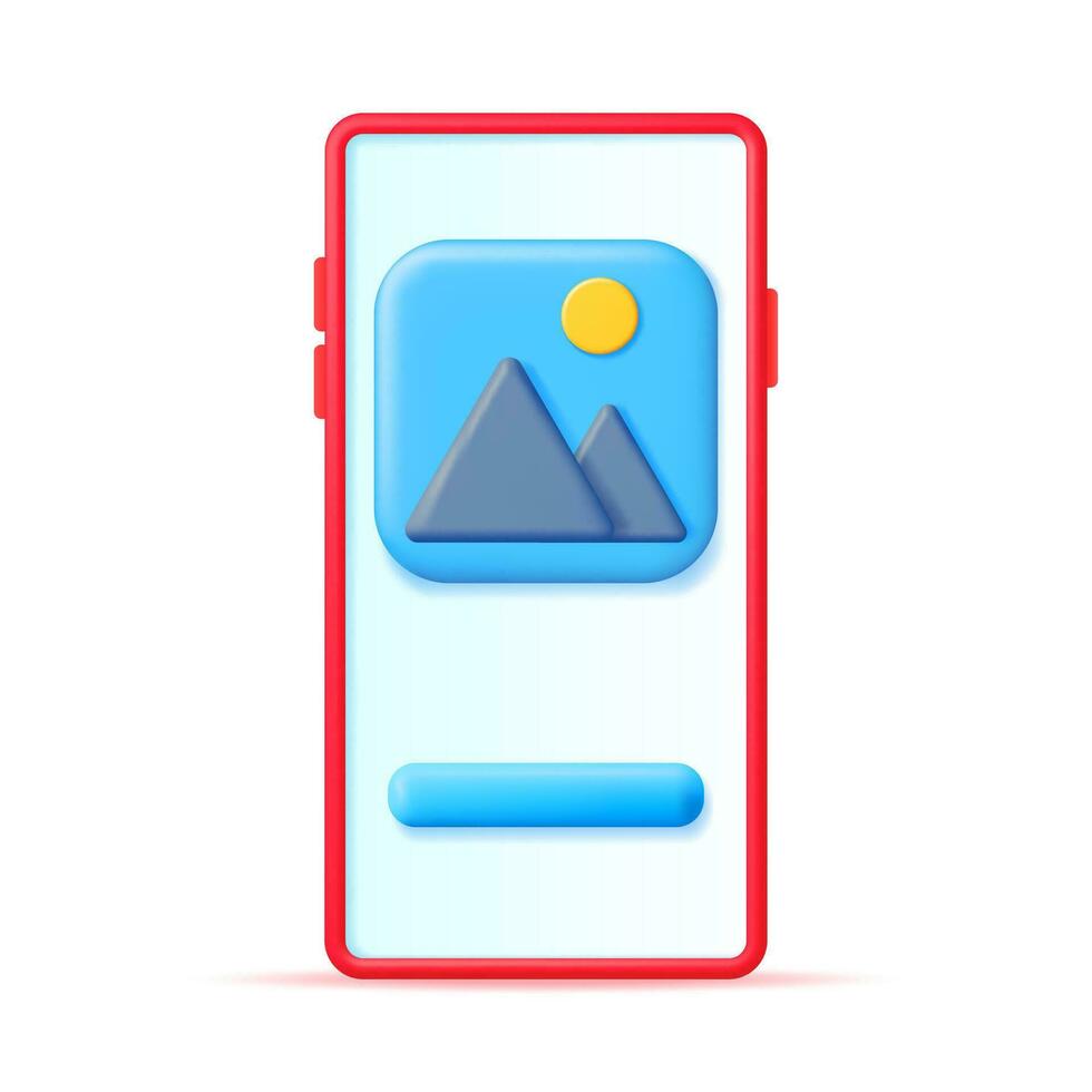 3D Smartphone with Gallery Icon Isolated. Mountains with Sun Under Blue Sky. Cartoon Render Photo Icon. App Image File. JPG Photo Symbol on Mobile Phone. Geometric Elements Design. Vector Illustration