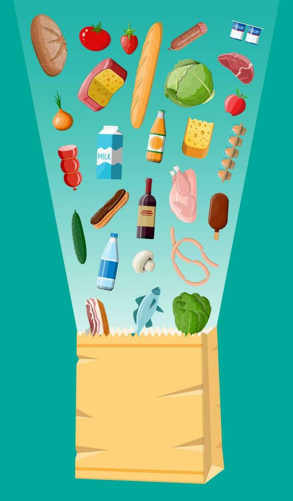 Shopping paper bag with fresh products. Grocery store, supermarket. Food and drinks. Milk, vegetables, meat, chicken cheese, sausages, salad, bread cereal steak egg. Vector illustration flat style