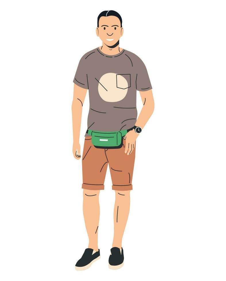 hombre con cinturón bolso en pantalones cortos y camiseta aislado. elegante chico con coño embalar. masculino personaje en de moda casual ropa. hipster en marrón bermudas. barriga paquete o riñonera. dibujos animados plano vector ilustración