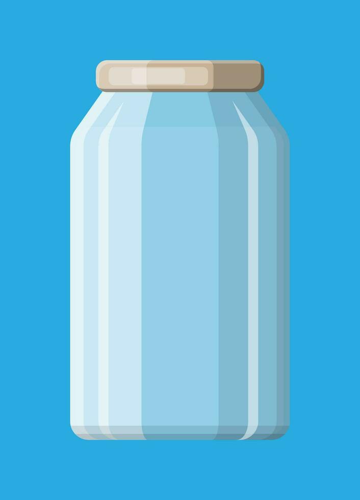 vacío vaso tarro para envase y conservación. vaso botella con tapa aislado en azul antecedentes. el plastico envase para líquidos. vector ilustración en plano estilo