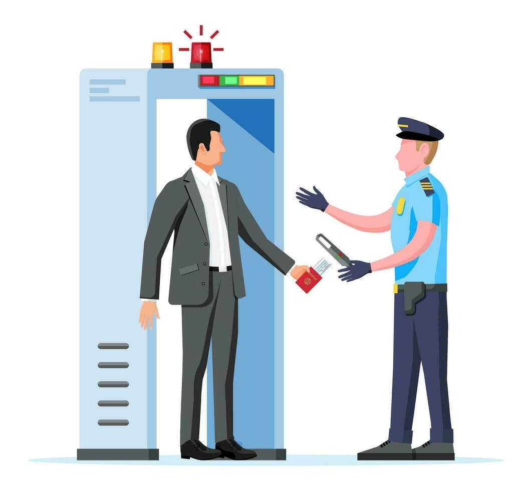 metal detector portón aislado en blanco. escáner puerta, hombre y policía oficial icono. marco detector metal. moderno metal detector equipo. aeropuerto seguridad controlar dispositivo. plano vector ilustración