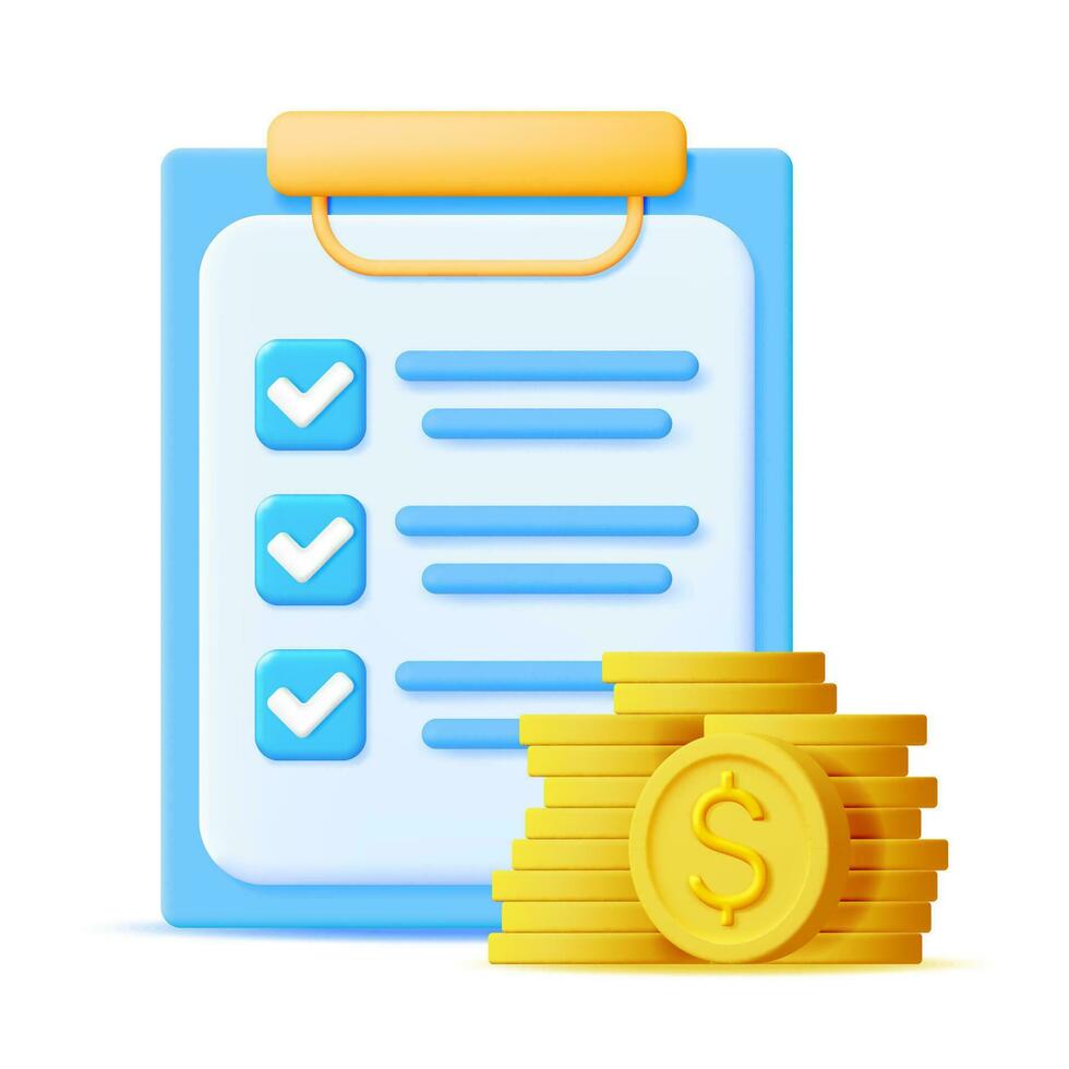 3D Checklist on Clipboard Paper with Gold Coins Isolated. Successfully Complete Business Assignments. Completion of Business Tasks. Render Money Assessment Check List. Vector Illustration