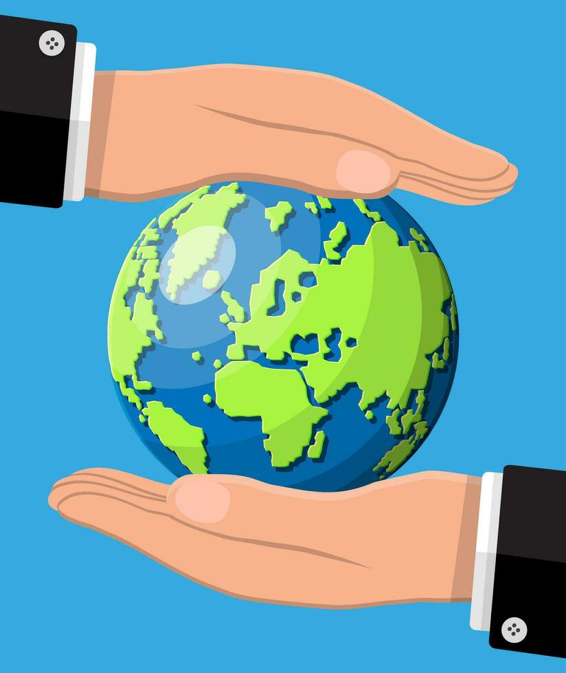 Human hand holding green earth. Save earth day. Respect for nature and environment. Hands protecting globe. Cartography and geography, globe. Flat vector illustration
