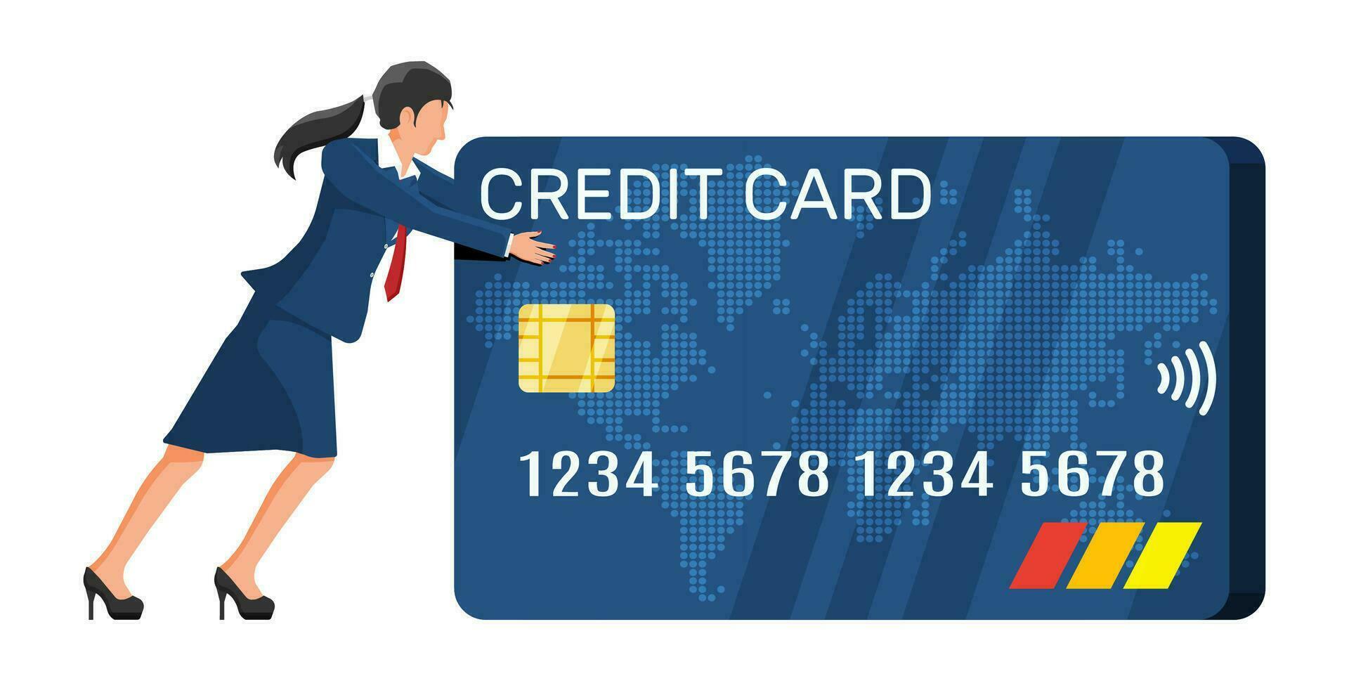 Businesswoman Pushing Big Credit Card. Metaphor of Debt Weight or Financial Burden. Business Woman in Suit Carries Load of Bank Card. Tax, Debt, Fee, Crisis and Bankruptcy. Flat Vector Illustration