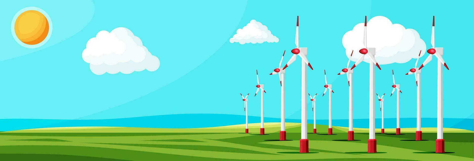 Wind Farm In Green Fields Among Trees. Nature Landscape With Modern Windmills. Green Energy Concept Banner. Ecology Alternative Energy Source Technology. Flat Vector Illustration