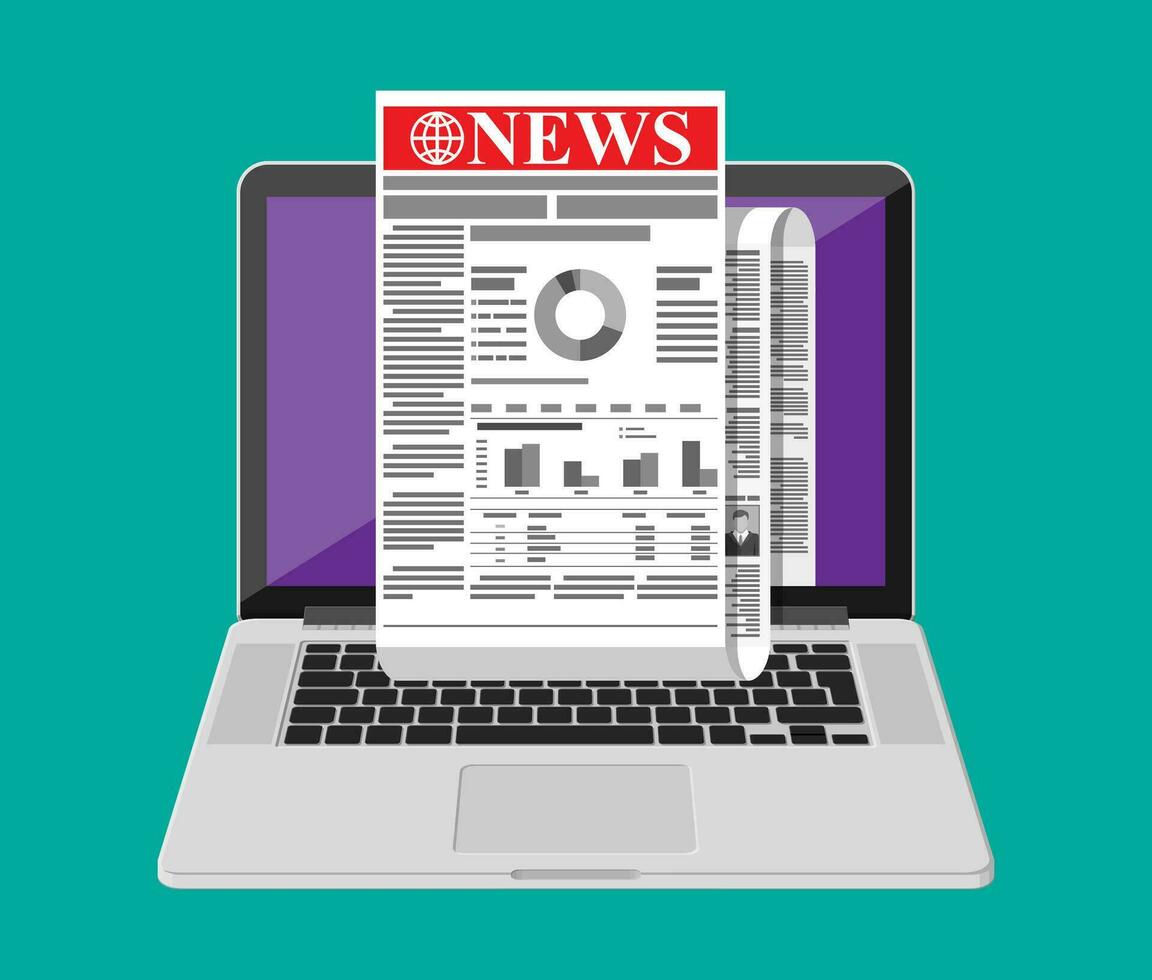 Business news on screen of laptop computer. Rolled daily newspaper in internet. Online news journal roll. Pages with various headlines, images, quotes, text articles. Vector illustration flat style