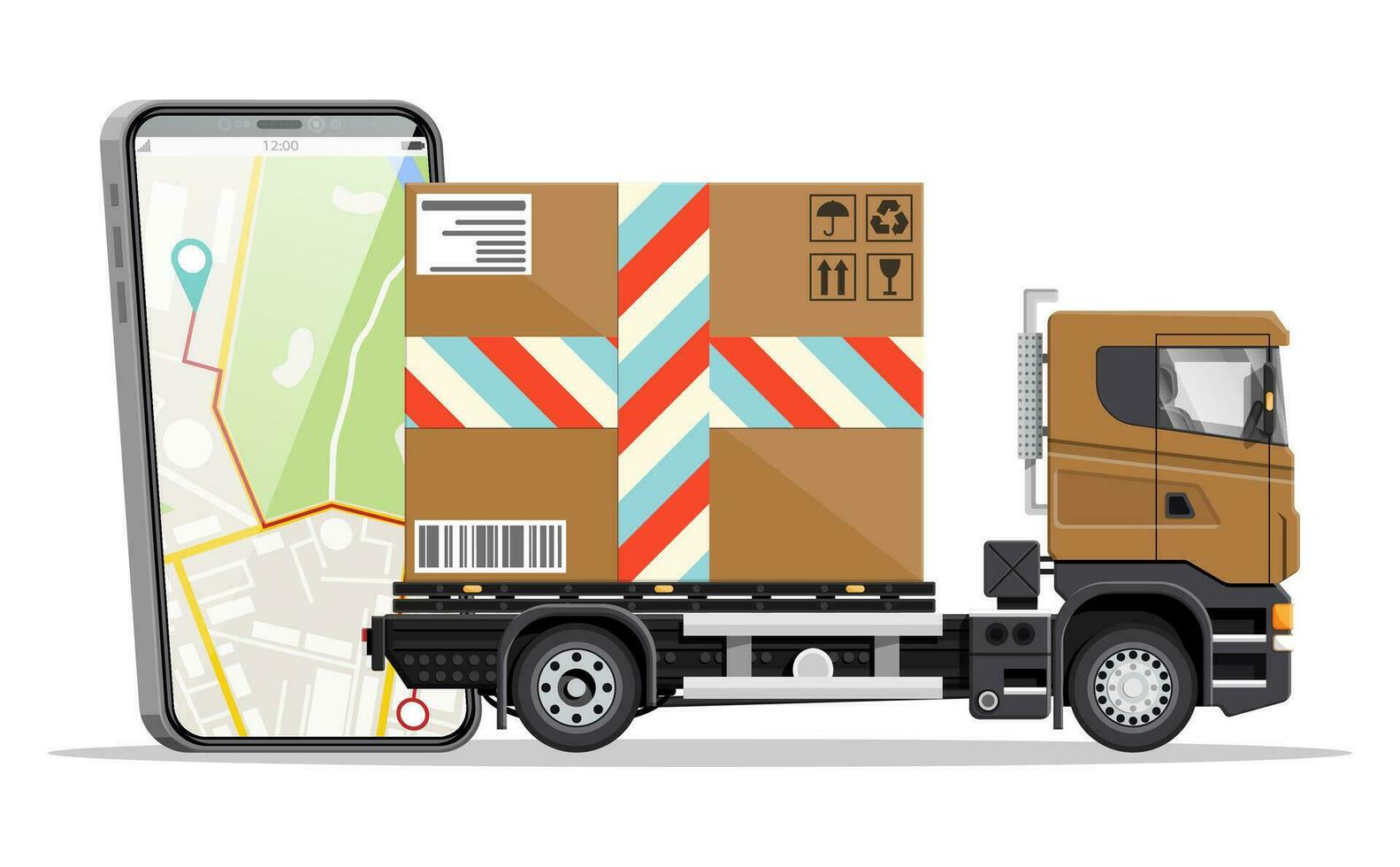 Delivery van with box and smartphone with navigation app. Express delivering services commercial truck. Concept of fast and free delivery by car. Cargo and logistic. Cartoon flat vector illustration