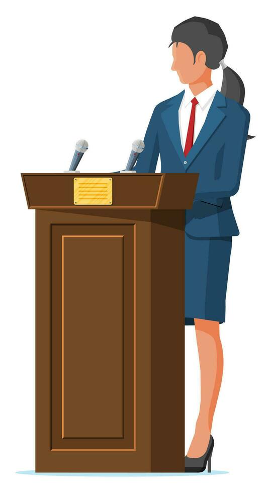 Orator speaking from tribune. Public speaker. Wooden rostrum with microphones for presentation. Stand, podium for conferences, lectures debates. Political and ballot. Flat vector illustration