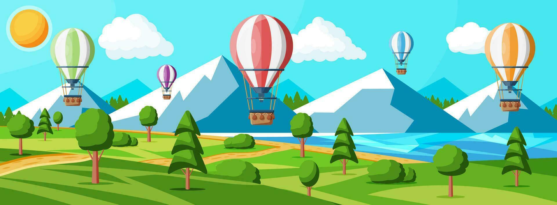 Hot Air Balloon In The Sky With Clouds and Sun. Vintage Air Transport. Nature Outdoor Background. Aerostat With Basket. Nature Landscape Of Green Hills. Flat Vector Illustration