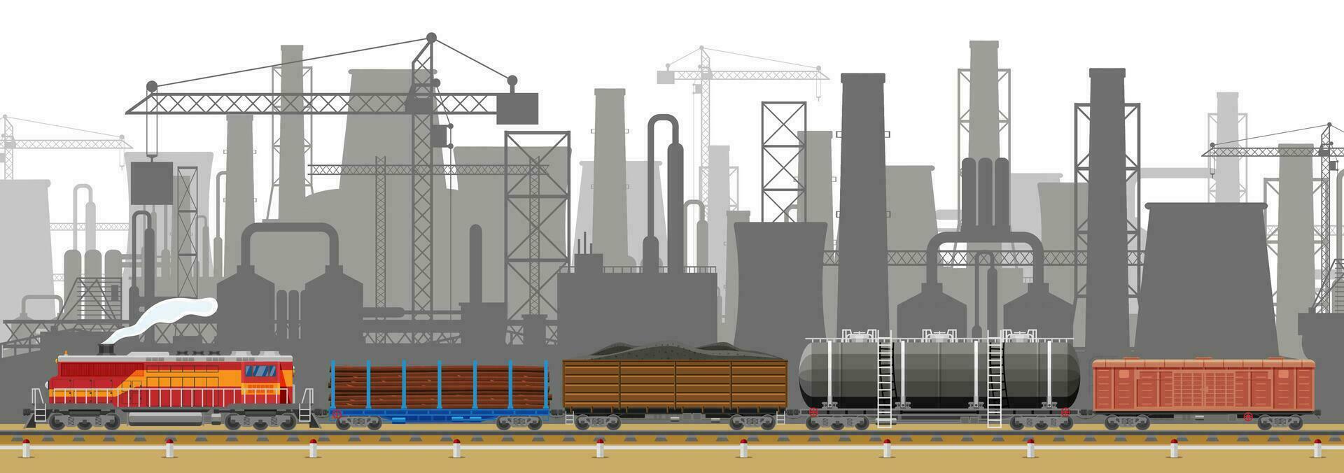Industrial Landscape of Cargo Rail Transportation with Plant and Fuming Pipes. Factory Building. Pipes, Buildings, Warehouse, Freight Railway Station. Cityscape Urban Skyline. Flat Vector Illustration
