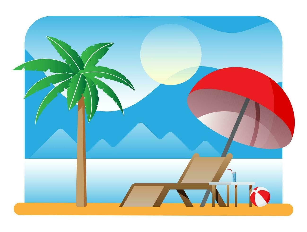 Landscape of chaise lounge or sunlounger, palm tree on beach. Umbrella and table with glass. Sun with reflection in water, clouds. Day in tropical place. Minimalist design. Flat vector