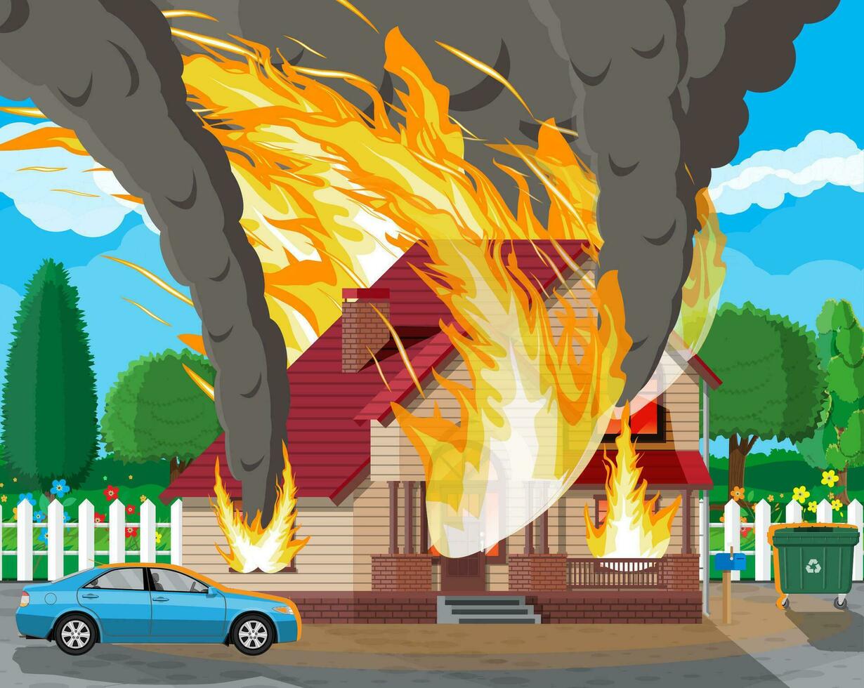 Wooden house burns. Fire in cottage. Orange flames in windows, black smoke with sparks. Property insurance. Nature landscape. Natural disaster concept. Vector illustration in flat style