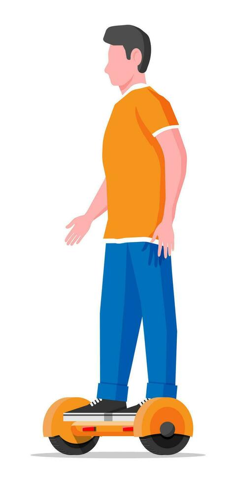 Young male character on self-balancing two wheeled battery-powered electric scooter. Man riding on hoverboard. Eco city transport. Ecological, convenient urban transportation. Flat vector illustration