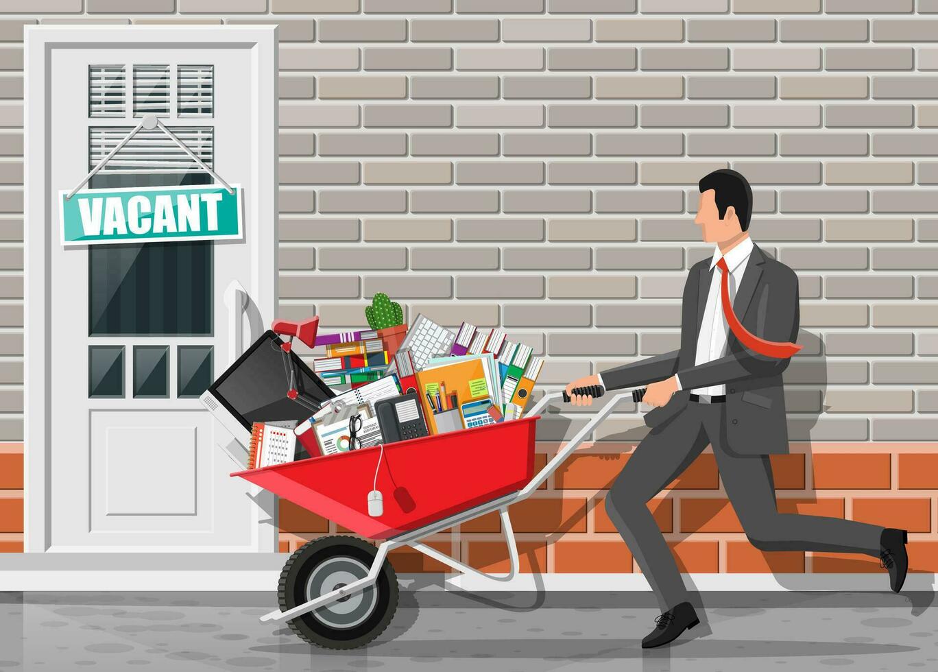 Street door with sign vacancy. Employee with wheelbarrow with office goods. Hiring and recruiting. Human resources management, searching professional staff, work, resume. Flat vector illustration