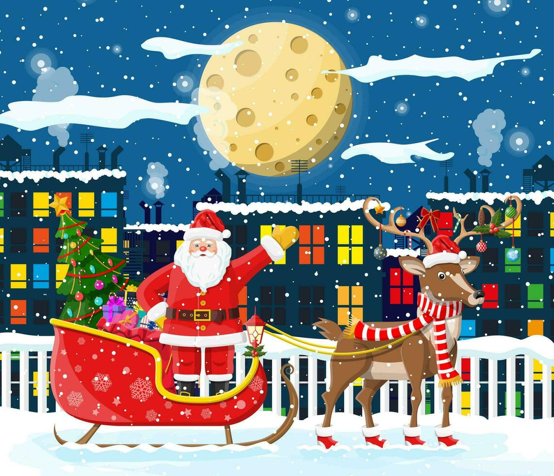 Santa claus rides reindeer sleigh. Christmas winter cityscape, snowflakes, buildings. Happy new year decoration. Merry christmas holiday. New year and xmas celebration. Vector illustration flat style