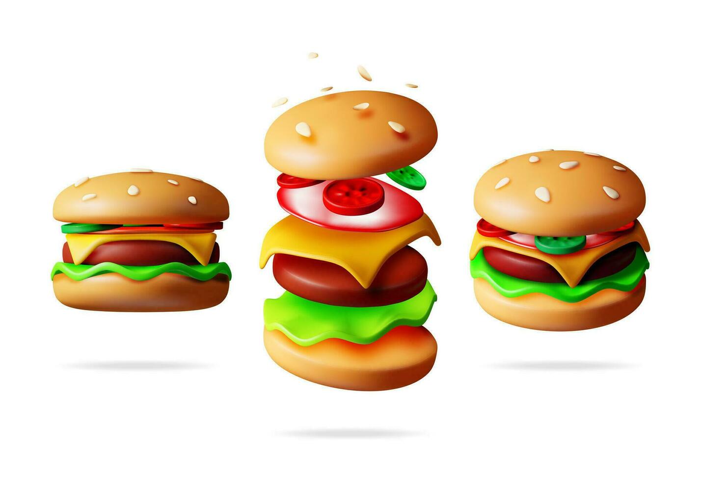 3d sabroso hamburguesa conjunto en diferente anglos. hacer colección de hamburguesa icono con pepino, ensalada, tomate, queso, salsa, bollo con sésamo y carne de res. hamburguesa con queso rápido alimento. realista vector ilustración.