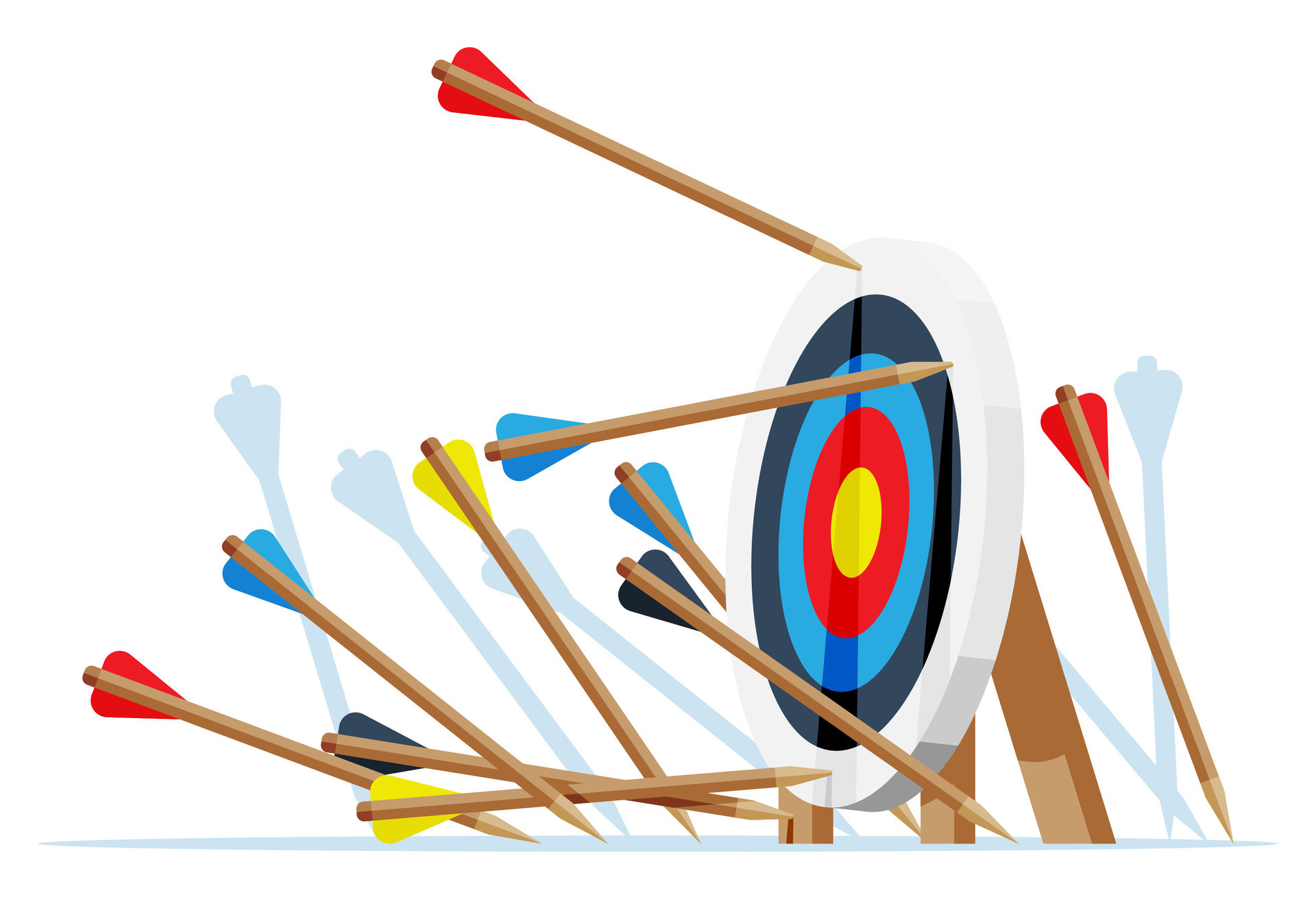Many arrows missed target mark. Multiple failed inaccurate attempts