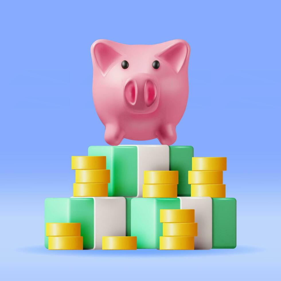 3D Piggy Bank with Coins and Banknotes. Render Plastic Piggy Bank for Money. Moneybox in Form of Pig. Concept of Cash Money, Business Deposit Investment, Financial Savings. Vector Illustration