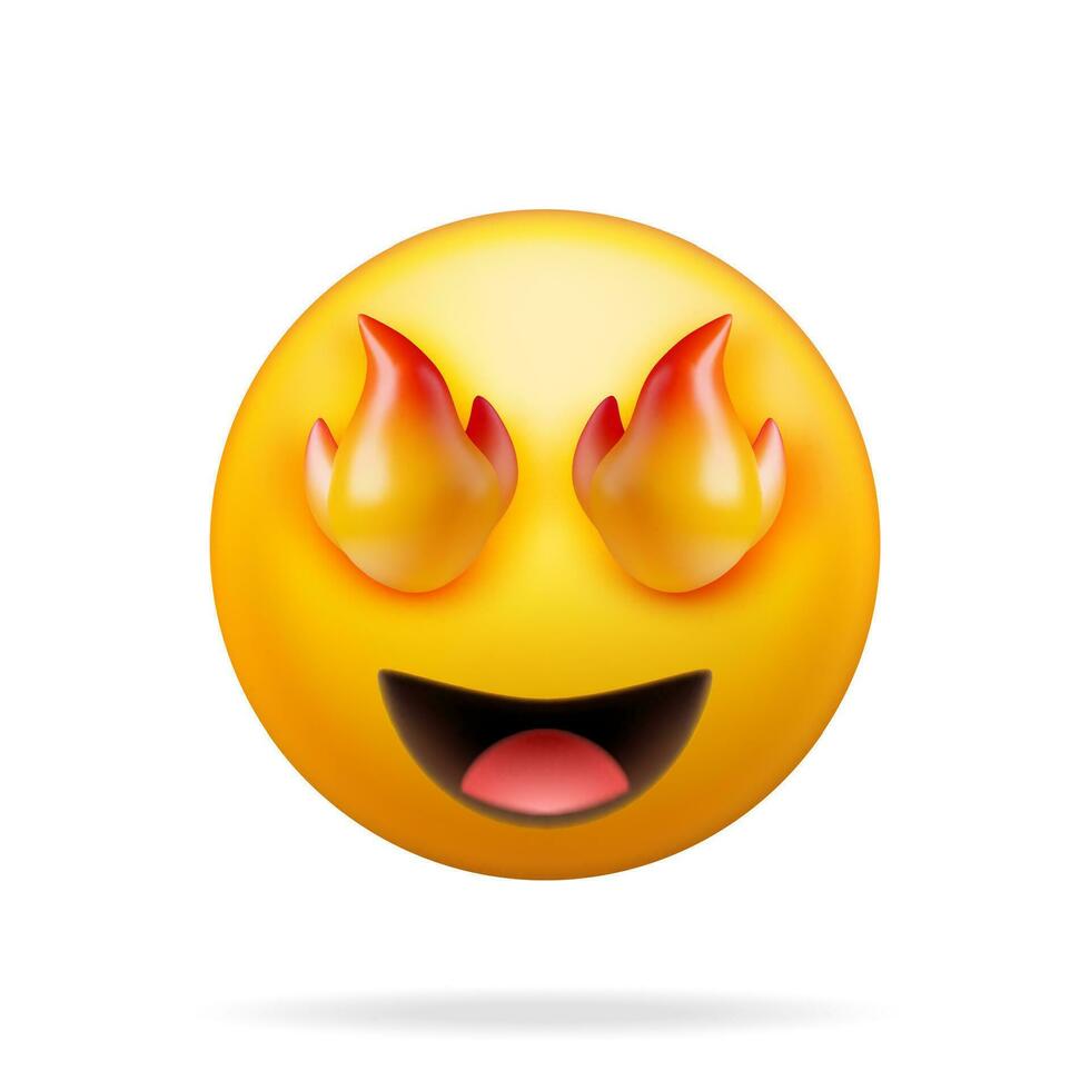 3D Yellow Excited Fire Eyed Emoticon Isolated. Render Laughing Star Fire Eye Emoji. Happy Face LOL. Communication, Web, Social Network Media, App Button. Realistic Vector Illustration