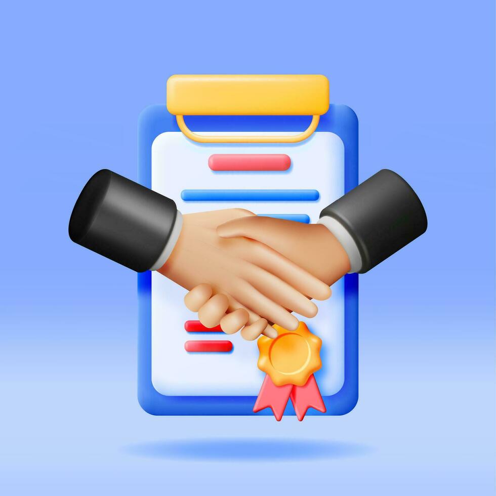 3D Handshake Gesture with Contract Document. Render Concept of Shaking Hands. Relations of Partnership. Business People Partners Handshake. Successful Transaction, Agreement, Deal. Vector Illustration