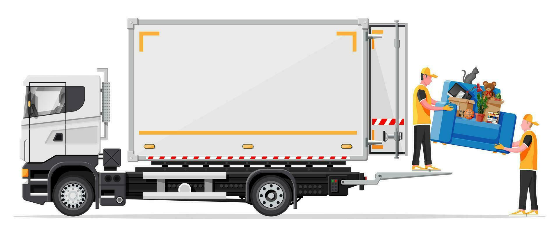 Delivery truck full of home stuff inside. Moving to new house. Family relocated to new home. Boxes with goods. Package transportation. Computer, lamp, clothes, books. Flat vector illustration