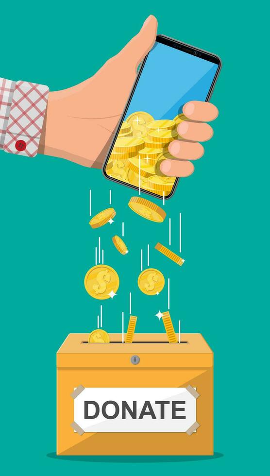 Donate online concept. Donation box with golden coins and hand with smartphone. Internet money transfer. Charity, donate, help and aid concept. Vector illustration in flat style