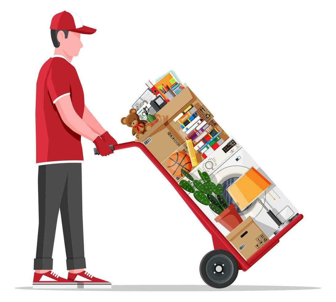 Mover with hand truck and package for transportation. Moving to new house. Family relocated to new home. Paper cardboard boxes with various household thing. Vector illustration in flat style