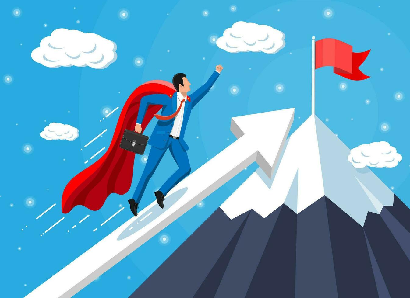 Super businessman on mountain chart ladder with waving necktie and briefcase. Goal setting. Smart goal. Business target concept. Achievement and success. Vector illustration in flat style
