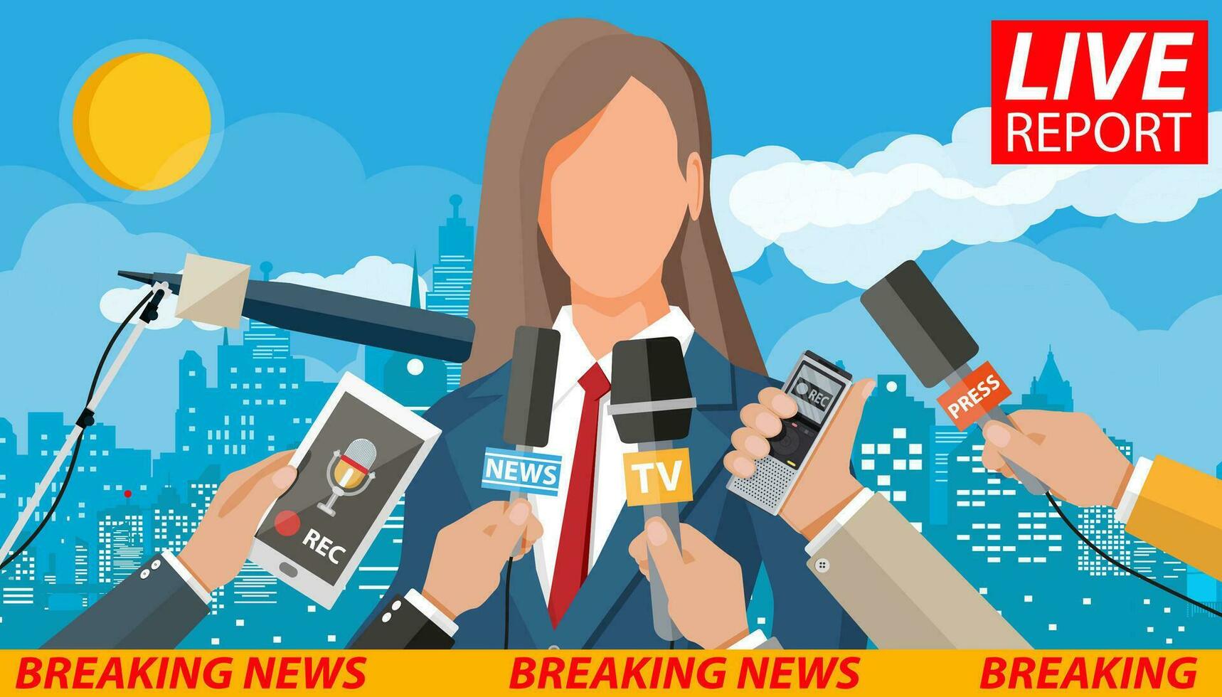 Woman public speaker. Live report. Hands of journalists with microphones and digital voice recorders. Press conference concept, news, media, journalism. Vector illustration in flat style