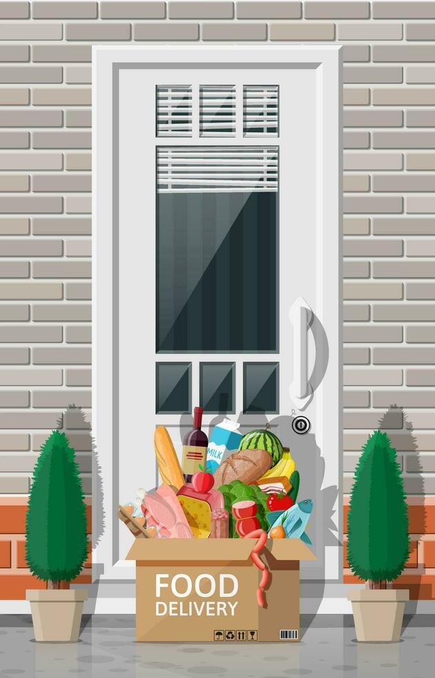 Cardboard box of groceries left at door of living house. Food delivery from shop, cafe, restaurant. Grocery products express delivery. Bread, meat, milk fruit vegetable drink. Flat vector illustration