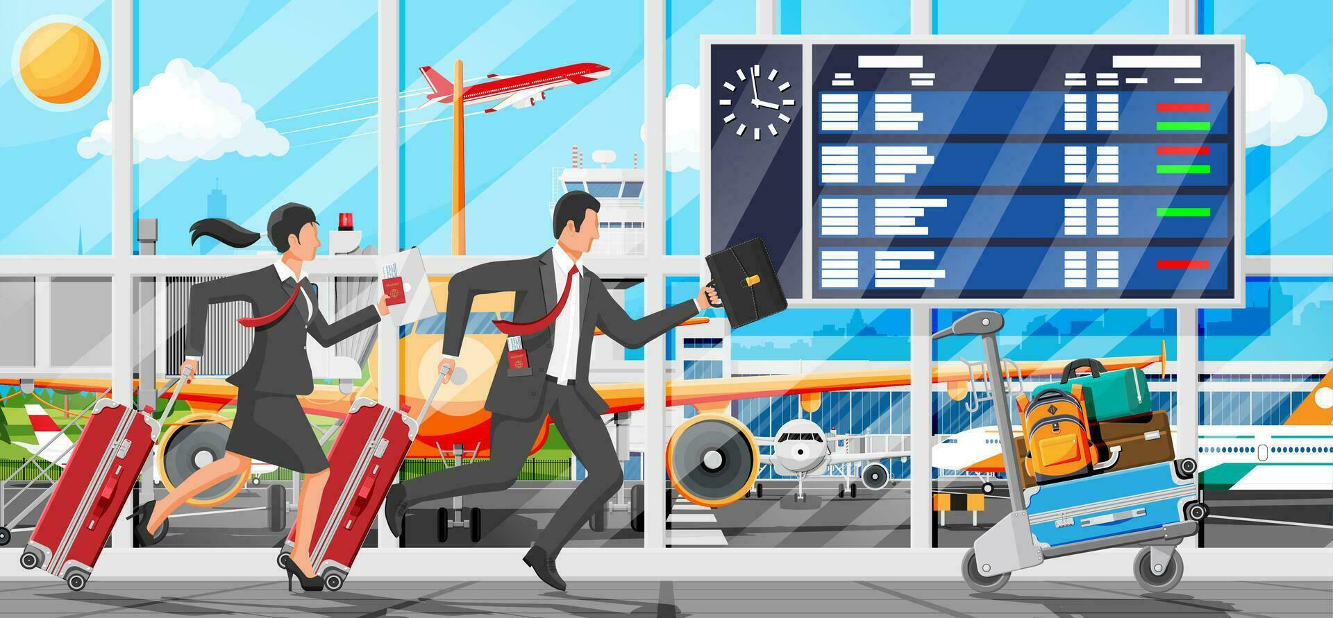 hombre con viaje bolsa. turista con maleta, maletín, corriendo a aeropuerto. mujer de negocios con equipaje. negocio hombre con equipaje. negocio vuelo. aeródromo con avión. plano vector ilustración