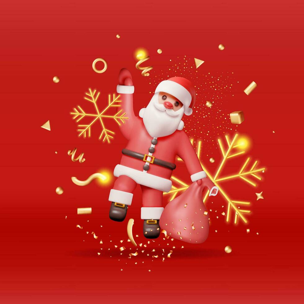 3d Papa Noel claus con regalo bolso y Navidad papel picado. hacer contento nuevo año decoración. alegre Navidad día festivo. nuevo año y Navidad celebracion. realista vector ilustración