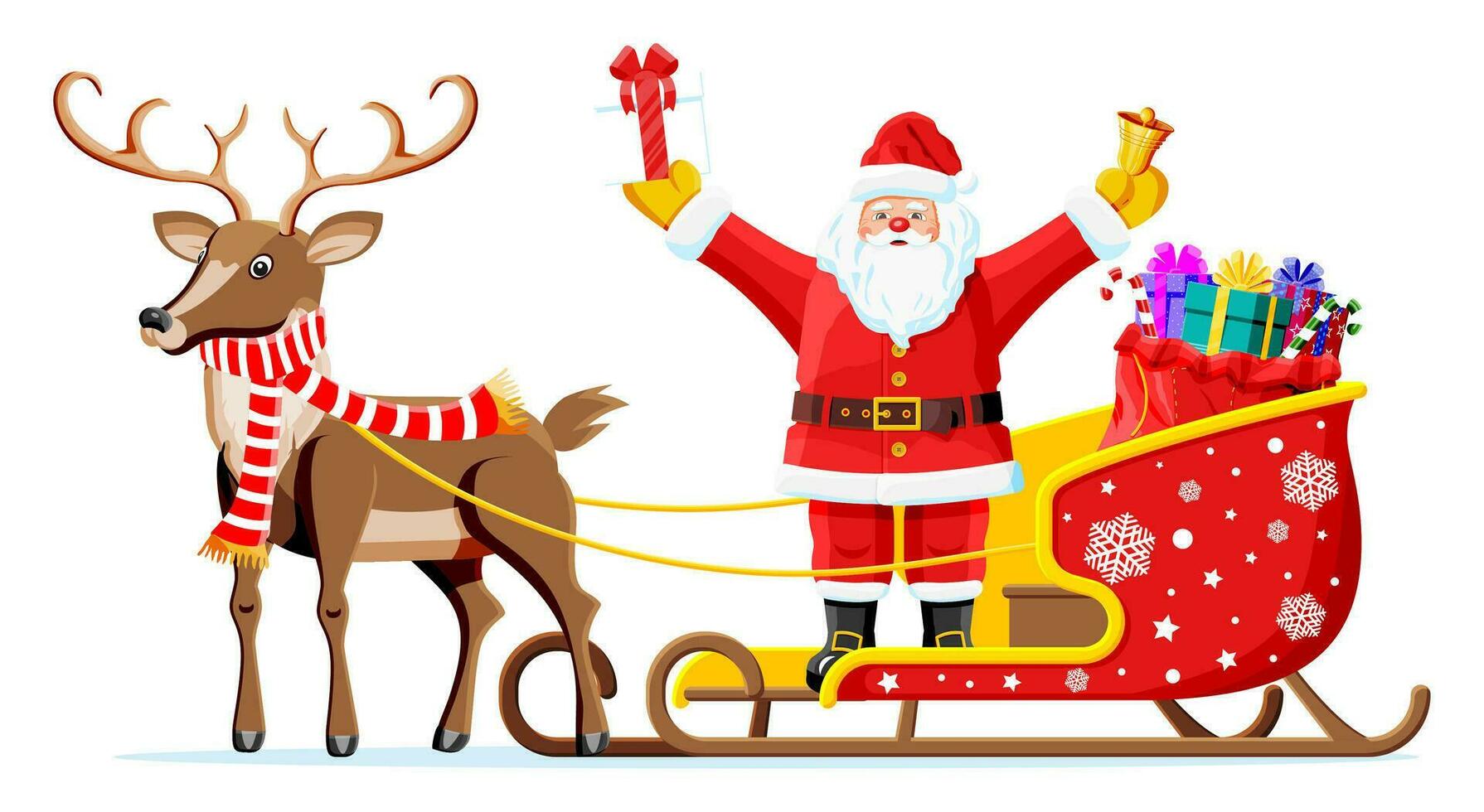 Navidad Papa Noel claus en trineo lleno de regalos y su reno. contento nuevo año decoración. alegre Navidad día festivo. nuevo año y Navidad celebracion. vector ilustración en plano estilo