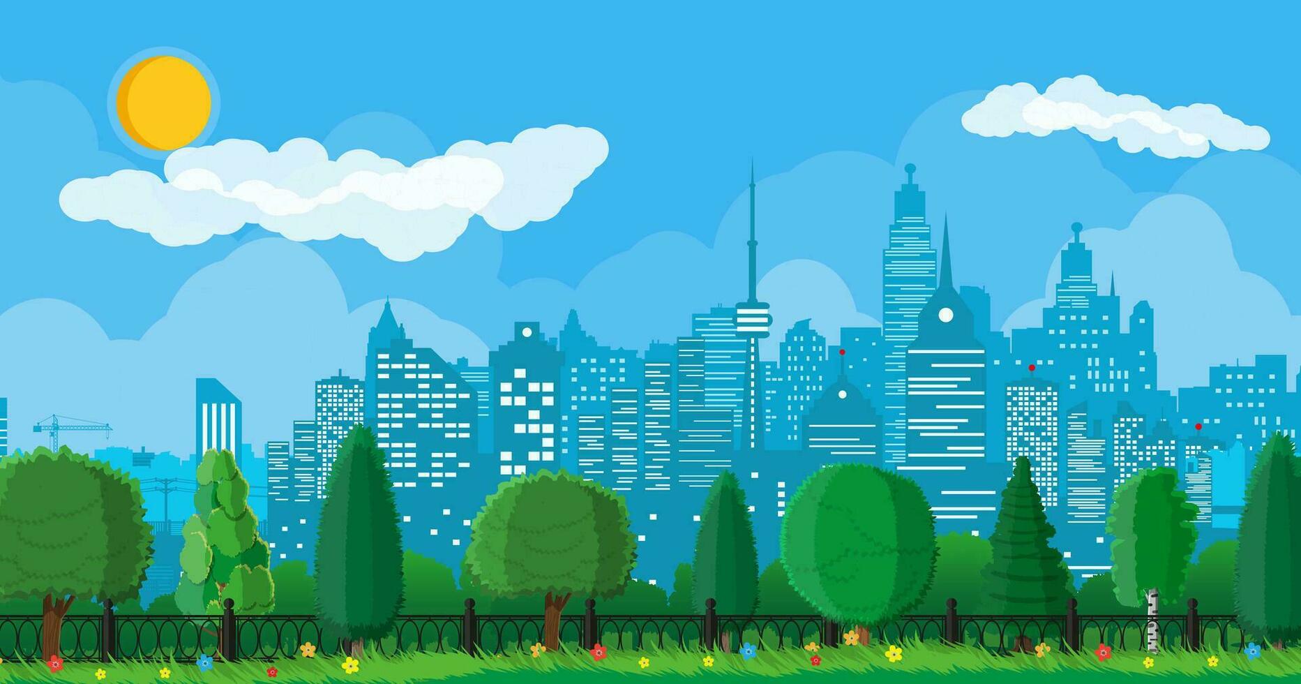 City park concept. Urban forest panorama with fence. Cityscape with buildings and trees. Sky with clouds and sun. Leisure time in summer city park. Vector illustration in flat style