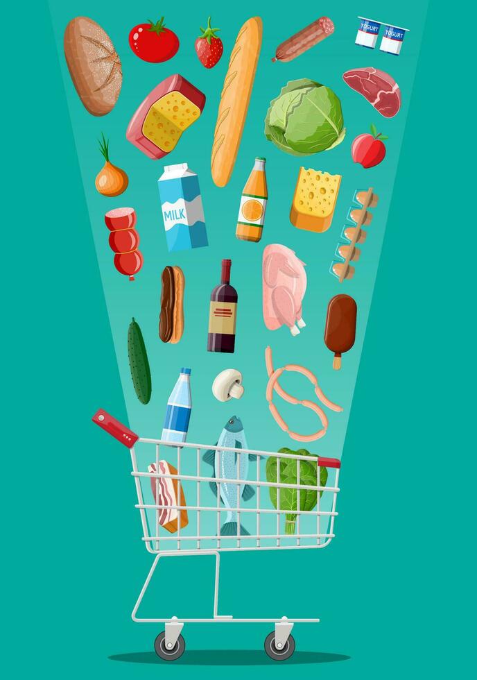 Shopping cart with fresh products. Grocery store supermarket. Food and drinks. Milk, vegetables, meat, chicken cheese, sausages, salad, bread cereal steak egg. Vector illustration flat style