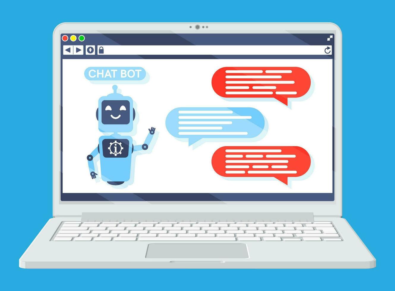 Laptop with Chat Bot Speak in Bubble on Screen. Robot with Speech Window. Chatbot Greets. Online Support Bot. Artificial Intelligence, AI Helper Service and Support Assistant. Flat Vector Illustration